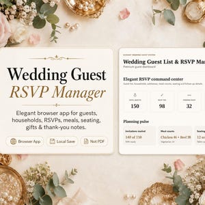 Op de afbeelding: Een digitale interface voor het beheer van RSVP's voor huwelijksgasten met een crèmekleurige achtergrond. De interface toont gegevens over het totaal aantal gasten, RSVP's, in afwachting van RSVP's en bedankbriefjes.