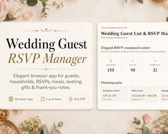 Aplicación para gestionar la lista de invitados y las confirmaciones de asistencia a la boda / Seguimiento de invitados, recuento de comidas, distribución de mesas (descarga digital)