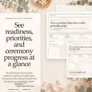 Peut inclure: Modèle de planificateur de mariage numérique avec le texte « Voir la préparation, les priorités et la progression de la cérémonie en un coup d'œil ». La conception comprend un tableau de bord avec des scores de préparation, des cartes de synthèse et un script imprimable.