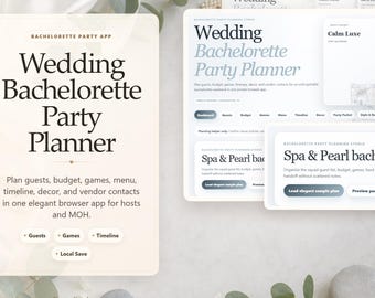 Aplicación para planificar la despedida de soltera, lista de invitadas del grupo de la novia, cronograma de presupuesto para juegos, paquete imprimible para la dama de honor, descarga digital para navegador.