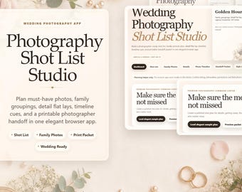Lista de tomas para fotografía de bodas en estudio, planificador de traspaso de fotógrafo, lista de fotos familiares, lista de verificación de detalles de fotografía plana, aplicación de navegación para el día de la boda