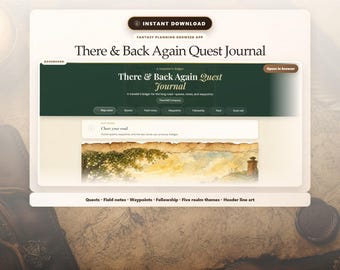 Aplicación Fantasy Quest Journal, descarga de planificador digital, aplicación de navegador para seguimiento de objetivos, puntos de ruta semanales, organizador de diario