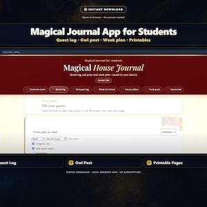 Könnte beinhalten: Eine digitale Benutzeroberfläche für eine magische Journal-App für Studierende mit dunkler Kopfzeile, einem dunkelroten Banner mit der Aufschrift Magical House Journal und einem Quest-Log-Bereich mit Kontrollkästchen für Aufgaben.