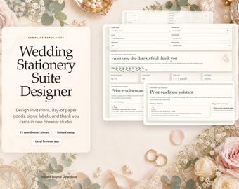 Aplicación de diseño de papelería para bodas / Invitaciones imprimibles, confirmación de asistencia, menú (descarga digital)