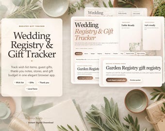 Aplicación para el registro de regalos de boda, notas de agradecimiento para la lista de deseos, descarga del navegador de presupuesto para regalos, paquete imprimible para la pareja.