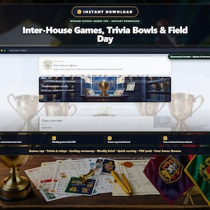 May include: A digital download for Inter-House Games, Trivia Bowls & Field Day featuring a browser interface with tournament trackers, class overviews, and scoreboards. Includes printed game cards, a gold trophy, and house flags on a wooden table.