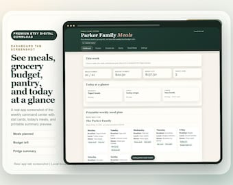 Aplicación para planificar comidas en familias ocupadas / Lista de la compra, control de la despensa (descarga digital)