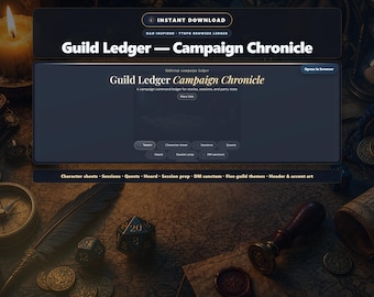 Aplicación de registro de campaña de D&D, descarga de hoja de personaje para juegos de rol de mesa, aplicación de navegador de notas de sesión del DM, rastreador de misiones, organizador de juegos de rol de mesa