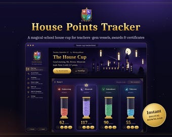 May include: A digital House Points Tracker interface featuring a dark purple theme with a school crest, a castle silhouette, and four vertical gem vessels representing houses named Emberwing, Moonvale, Oakenheart, and Tidecrest with point totals.