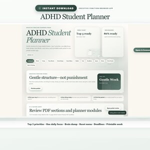 Può includere: Interfaccia digitale di un pianificatore per studenti ADHD con un design pulito e moderno. L'interfaccia presenta sezioni per le priorità principali, la concentrazione quotidiana, i brain dump e le scadenze.