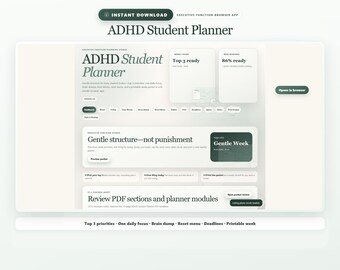 Aplicación de planificación para estudiantes con TDAH, descarga digital de funciones ejecutivas, menú de reinicio de descarga de información: planificador semanal de prioridades, planificador universitario para estudiantes con TDAH.