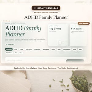 Könnte beinhalten: Eine digitale Benutzeroberfläche für einen ADHD-Familienplaner mit sauberem, modernem Design. Die Oberfläche verfügt über Abschnitte für wöchentliche Aufgaben, tägliche Konzentration und Zeitblöcke. Der Text "ADHD Family Planner" ist prominent dargestellt.