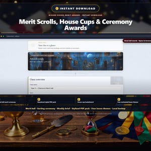 May include: A digital interface for Merit Scrolls, House Cups & Ceremony Awards featuring a class overview, Great Hall awards, and four house themes. The display includes text labels for a sorting ceremony, weekly brief, and a stylized PDF pack.