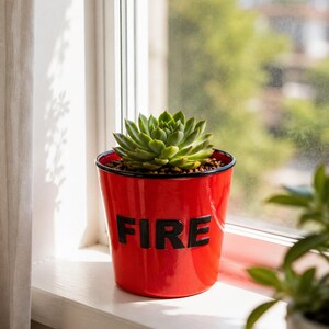 May include: A vibrant red metal planter with the word "FIRE" in bold black letters. The planter holds a green succulent plant, set against a bright window. The pot is sitting on a white windowsill.