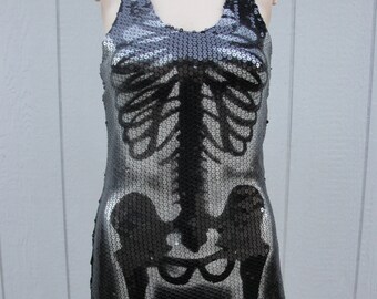 Upcycled sequin mini dress hand painted with skeletons size S Small labeled 4 fits 6 day of the dead / halloween / dia de los muertos