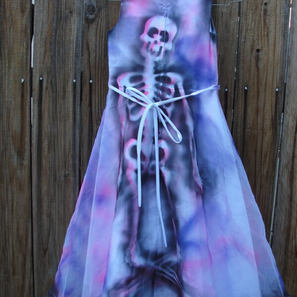 Girls size 10 hand painted Dia De Los Muertos / Day Of The Dead / halloween costume hott pink and purple skeleton dress