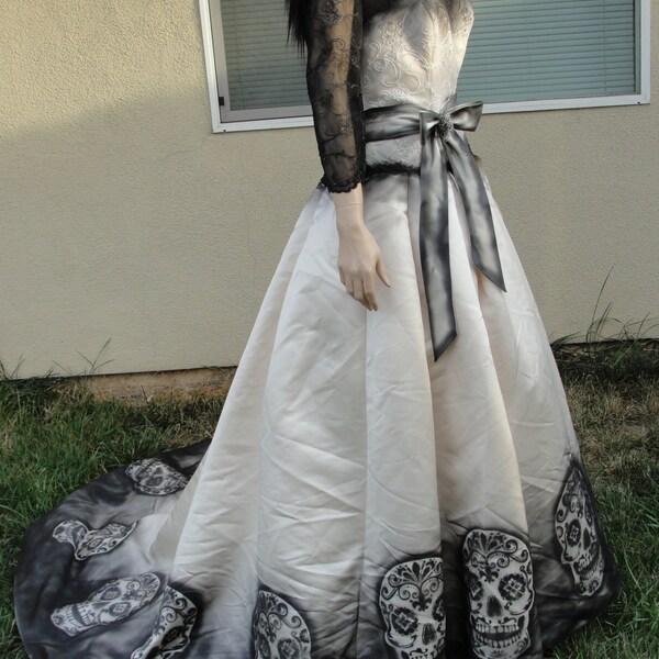 RESERVED Large size 14 hand painted sugar skull skeleton wedding dress dia de los muertos day of the dead costume gown black