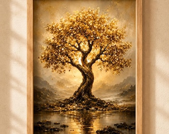 May include: A framed wall art print featuring a golden tree with a thick, textured trunk standing on a small island in the center of a calm body of water. The scene is illuminated by a warm, glowing light, with mountains visible in the background.
