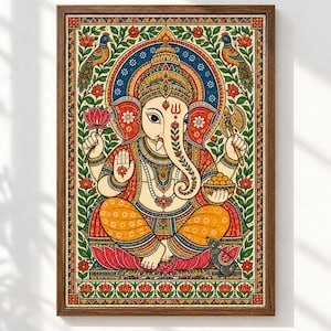 Könnte beinhalten: Ein gerahmter Wandkunstdruck mit einer farbenfrohen Illustration der Gottheit Ganesha, die auf einer rosa Lotusblume sitzt. Ganesha ist mit vier Armen dargestellt, hält einen Lotus und eine Axt, während eine kleine Maus daneben sitzt.