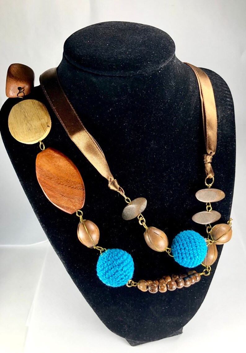 M. Haskell Necklace 1980s 90s New With Tags Wood Fabric Ceramic Beads Long Chain Style image 2