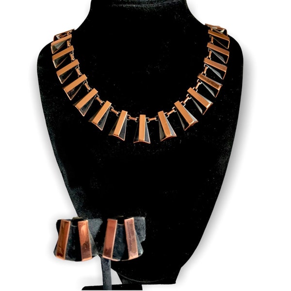 Copper Necklace Earrings Set Signed Renoir Mod Design Style