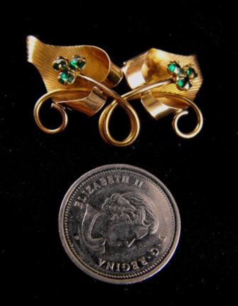 Vintage Brooch Lucky Charm 120 12k Yellow Gold Fill Emerald Rhinestones