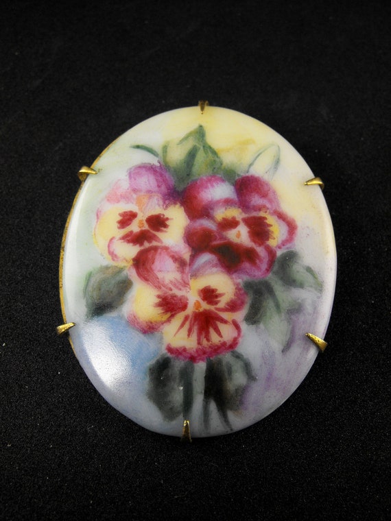 Victorian Brooch Hand Painted Porcelaine Pansies … - image 5