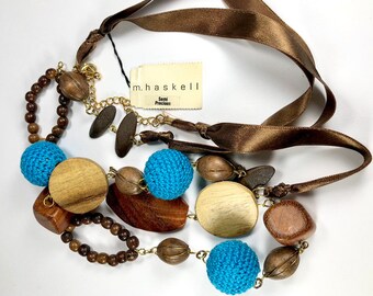 M. Haskell Necklace 1980s -90s New With Tags Wood Fabric Ceramic Beads Long Chain Style