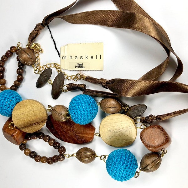 M. Haskell Necklace 1980s -90s New With Tags Wood Fabric Ceramic Beads Long Chain Style