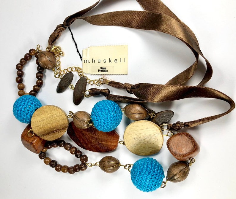 M. Haskell Necklace 1980s 90s New With Tags Wood Fabric Ceramic Beads Long Chain Style image 1