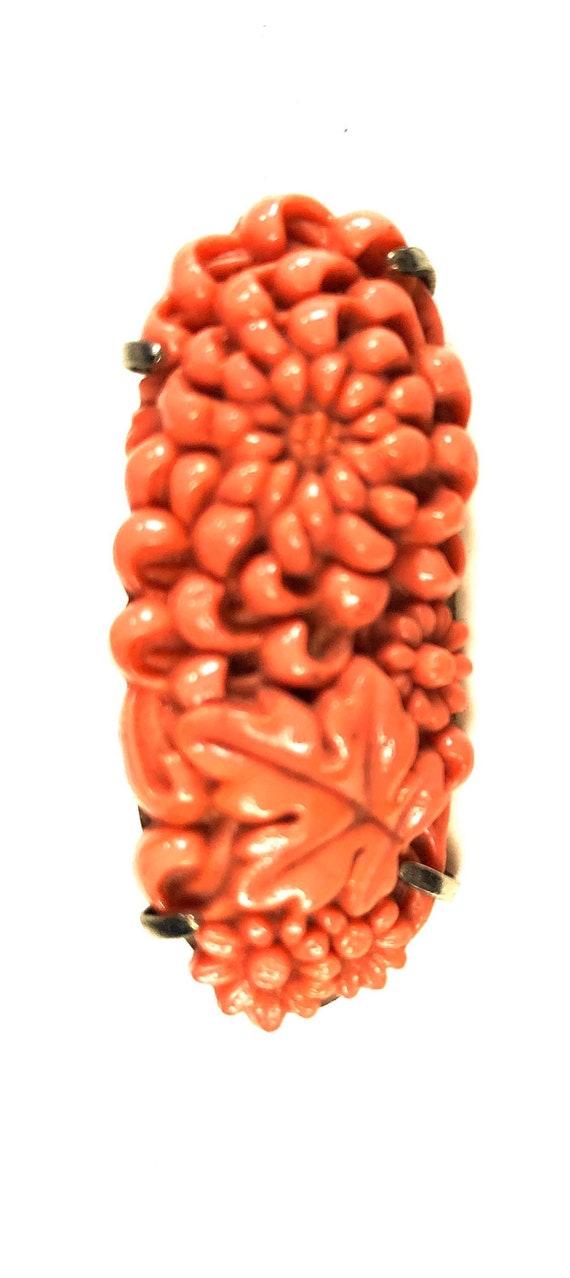 Celluloid Chrysanthemums Brooch Coral Colors Open… - image 2