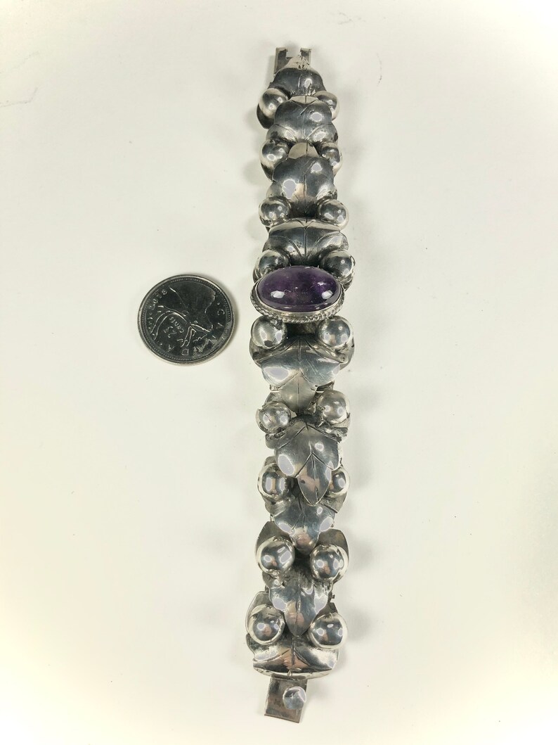 Sterling Amethyst Bracelet Articulated Leaf And Berry Old Mexico