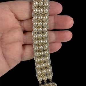 Exquisite Rhinestone Bracelet Costume Pearls Champagne Accents Bejeweled Clasp image 9