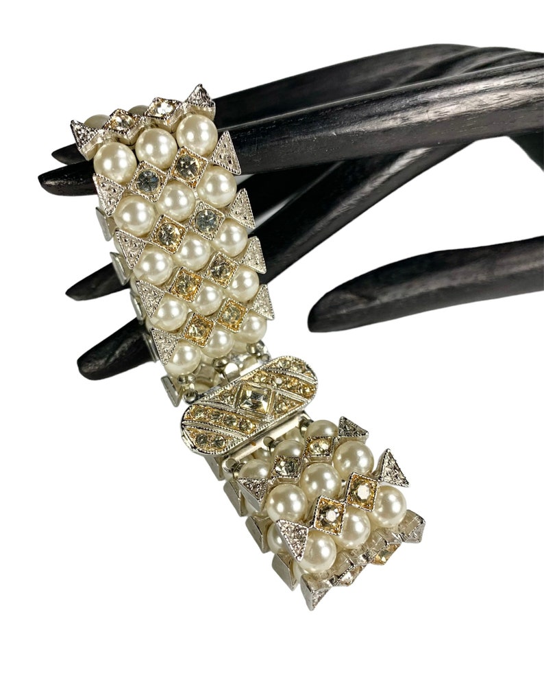 Exquisite Rhinestone Bracelet Costume Pearls Champagne Accents Bejeweled Clasp image 1