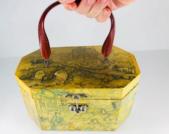 Anton Pieck Handbag Hard Sided Short Handled Box Purse Decoupage Illustrated Street Scenes 1970s Vintage