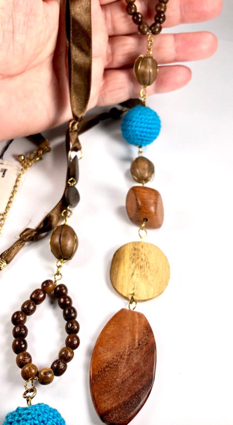 M. Haskell Necklace 1980s 90s New With Tags Wood Fabric Ceramic Beads Long Chain Style image 4