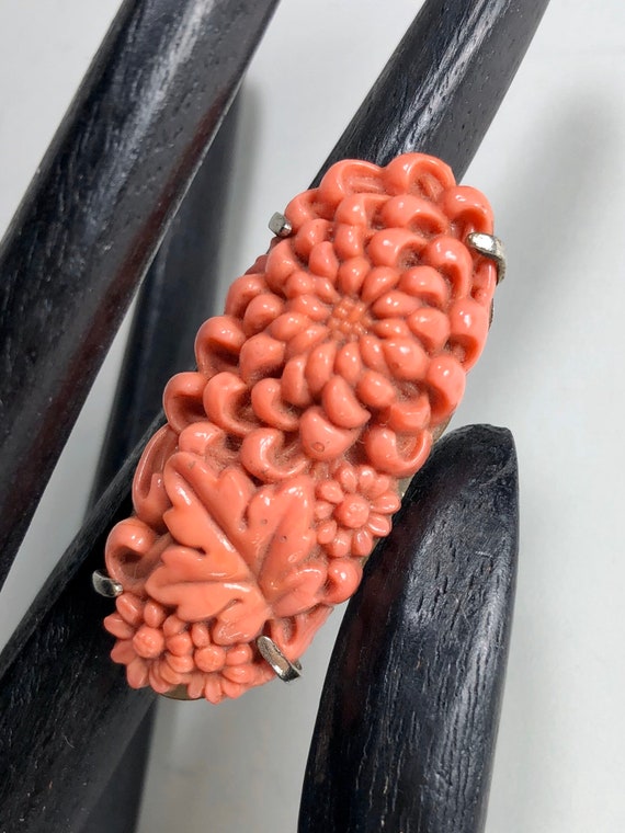 Celluloid Chrysanthemums Brooch Coral Colors Open… - image 10