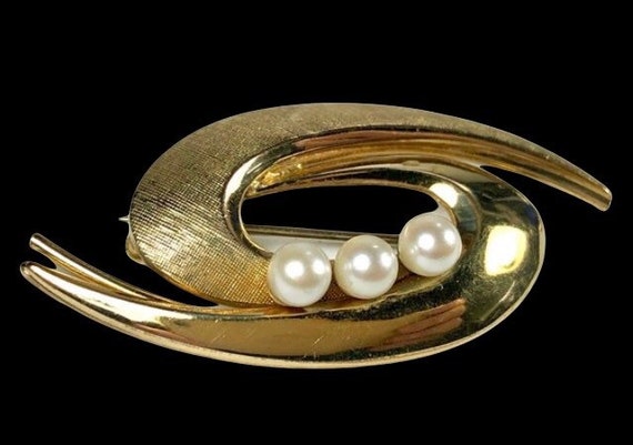 Cultured Pearl Brooch 12kgf Mid Century Mod Pearl… - image 3