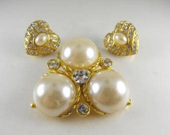 Rhinestone Heart Earrings Vintage Richelieu Pearl Look Centers Free Brooch With Purchase!