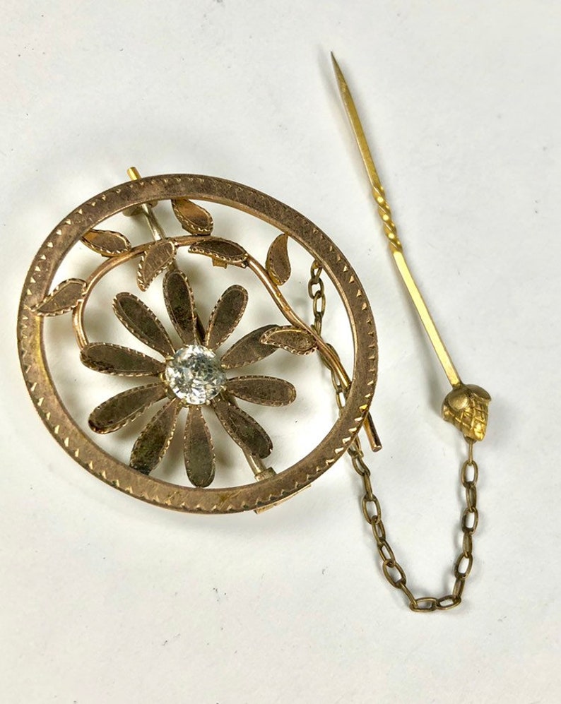 Victorian Daisy Pin Paste Stone Center Gilt Metal Cravat Pin