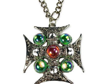 Maltese Cross Pendant Necklace Colorful Glass Cabs Dimensional Design