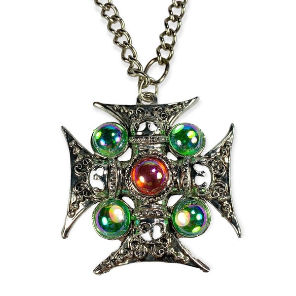 Maltese Cross Pendant Necklace Colorful Oil Slick Glass Cabs Dimensional Design