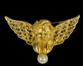 Golden Angel Brooch Sparkling Cherub Figural Renaissance Revival Style