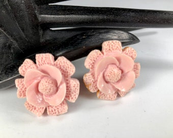 Pink Flower Earrings Celluloid Early Plastics Clip Backs