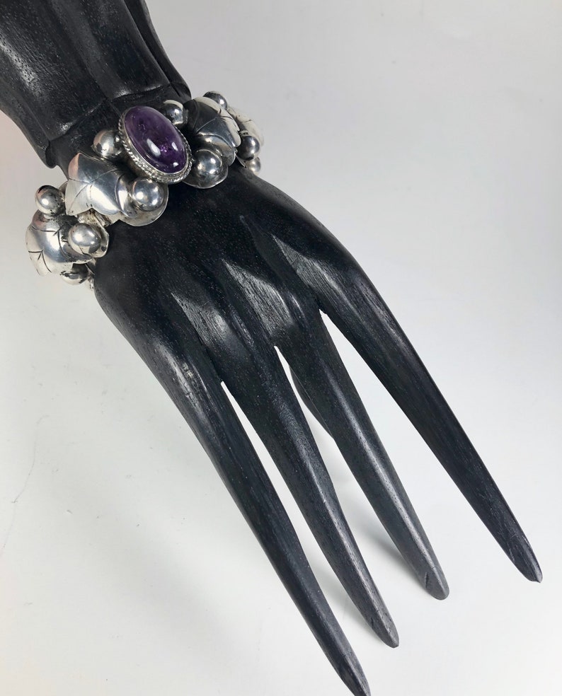 Sterling Amethyst Bracelet Articulated Leaf And Berry Old Mexico