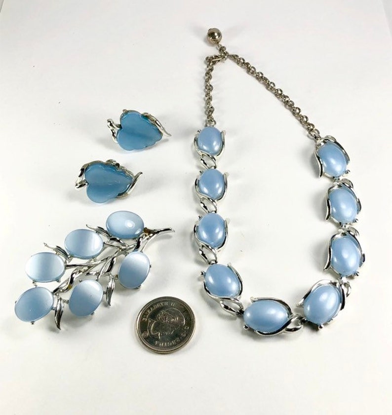 Powder Blue Moonglow Jewelry Set Necklace Brooch Earrings Ring Vintage Parure