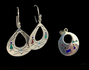 Southwest Sterling Pendant Necklace With Matching Earrings Indigenous Design Style