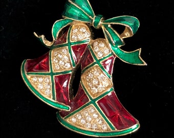 Festive Christmas Brooch Rhinestone Enamel Bells Christmas In July Sale 25% off!