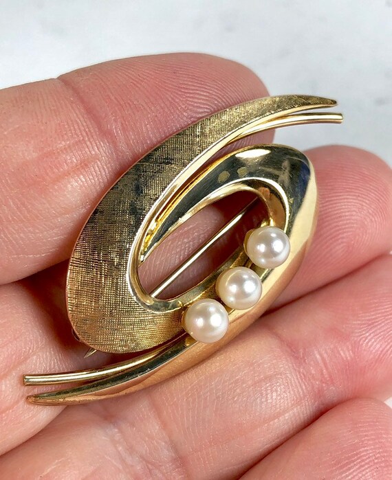 Cultured Pearl Brooch 12kgf Mid Century Mod Pearl… - image 8