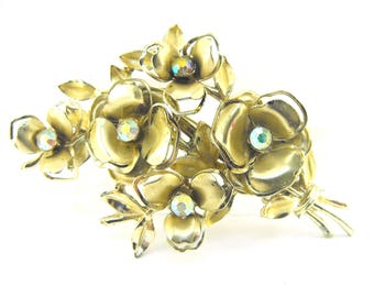 Coro Floral Spray Brooch Rhinestone Accents Gold Tone Metals